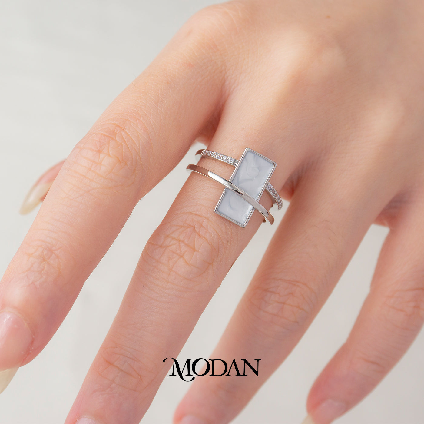 MOP White Geometric Rectangular Bar Double Layer Statement Ring Cincin Mother of Pearl Hypoallergenic Gold Plated