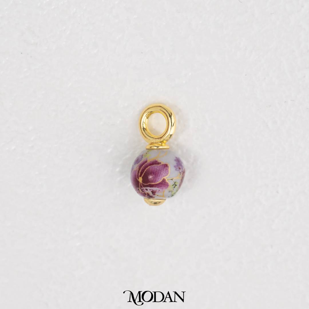 3D Round Vintage Floral Ceramic Charm DIY Pendant Liontin Keramik Bunga Bulat Hypoallergenic Gold Filled