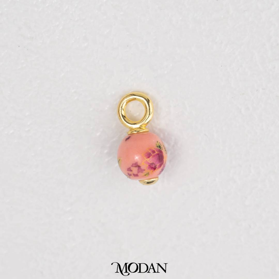3D Round Vintage Floral Ceramic Charm DIY Pendant Liontin Keramik Bunga Bulat Hypoallergenic Gold Filled