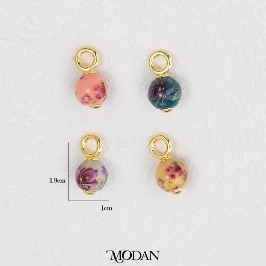 3D Round Vintage Floral Ceramic Charm DIY Pendant Liontin Keramik Bunga Bulat Hypoallergenic Gold Filled