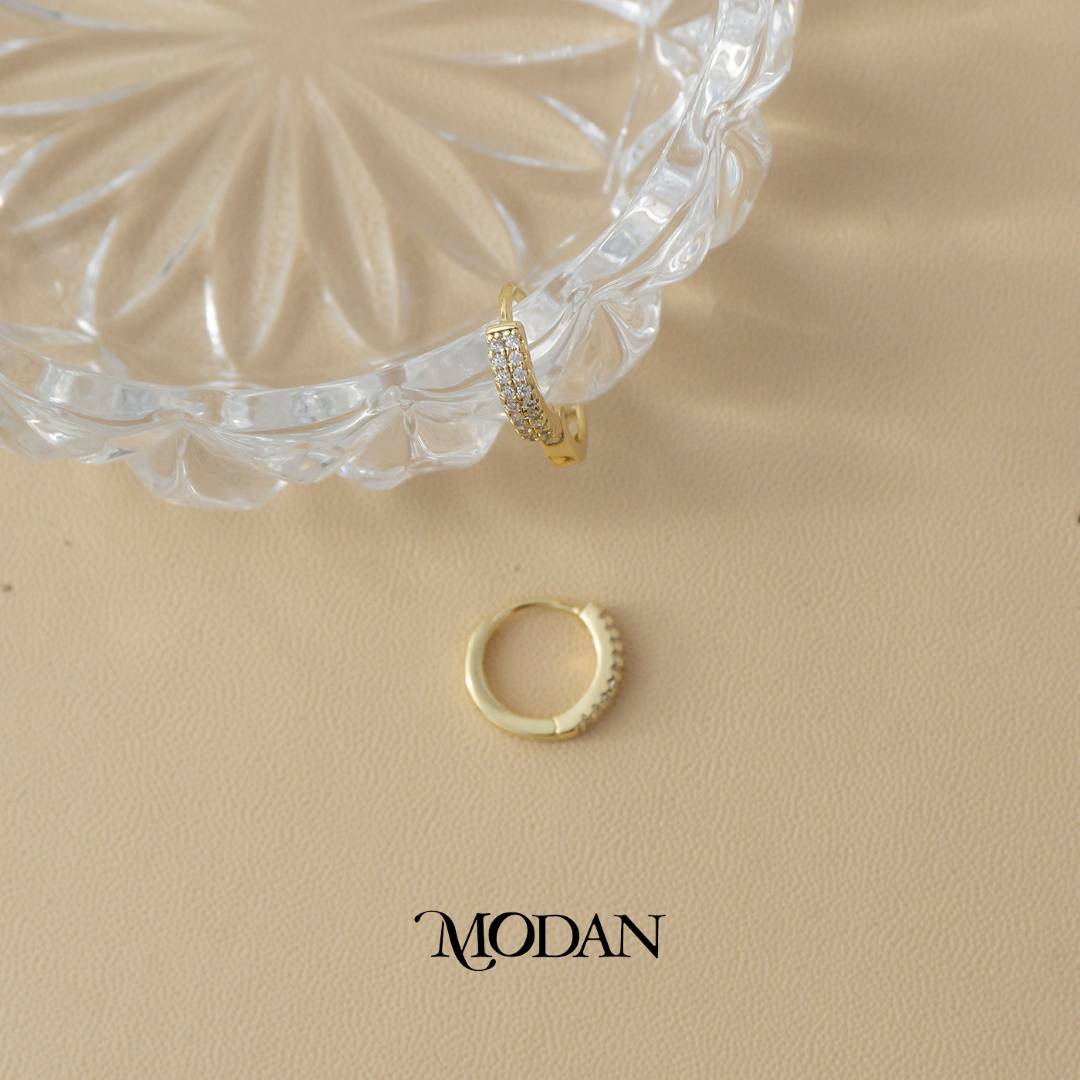 (13mm) Sparkling Double Row Hoop Earrings Anting Bulat Hypoallergenic Gold Plated