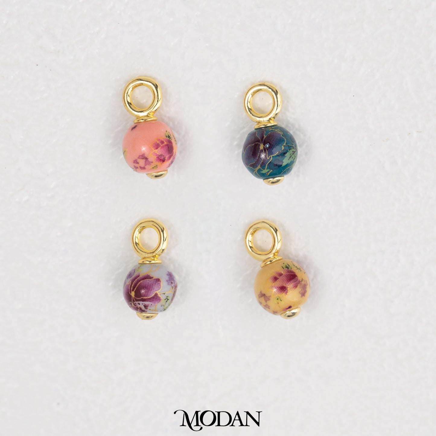 3D Round Vintage Floral Ceramic Charm DIY Pendant Liontin Keramik Bunga Bulat Hypoallergenic Gold Filled