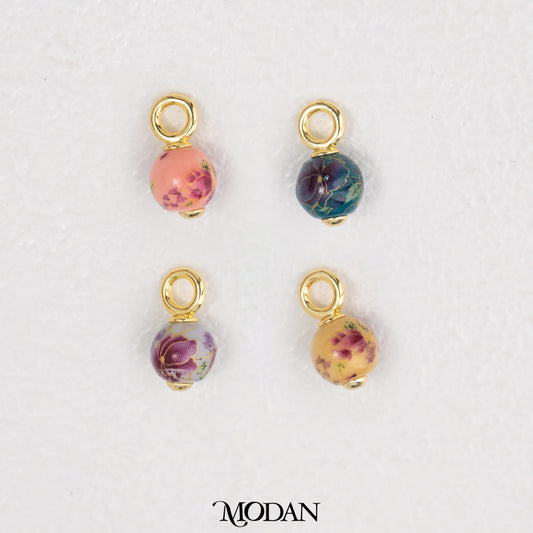 3D Round Vintage Floral Ceramic Charm DIY Pendant Liontin Keramik Bunga Bulat Hypoallergenic Gold Filled