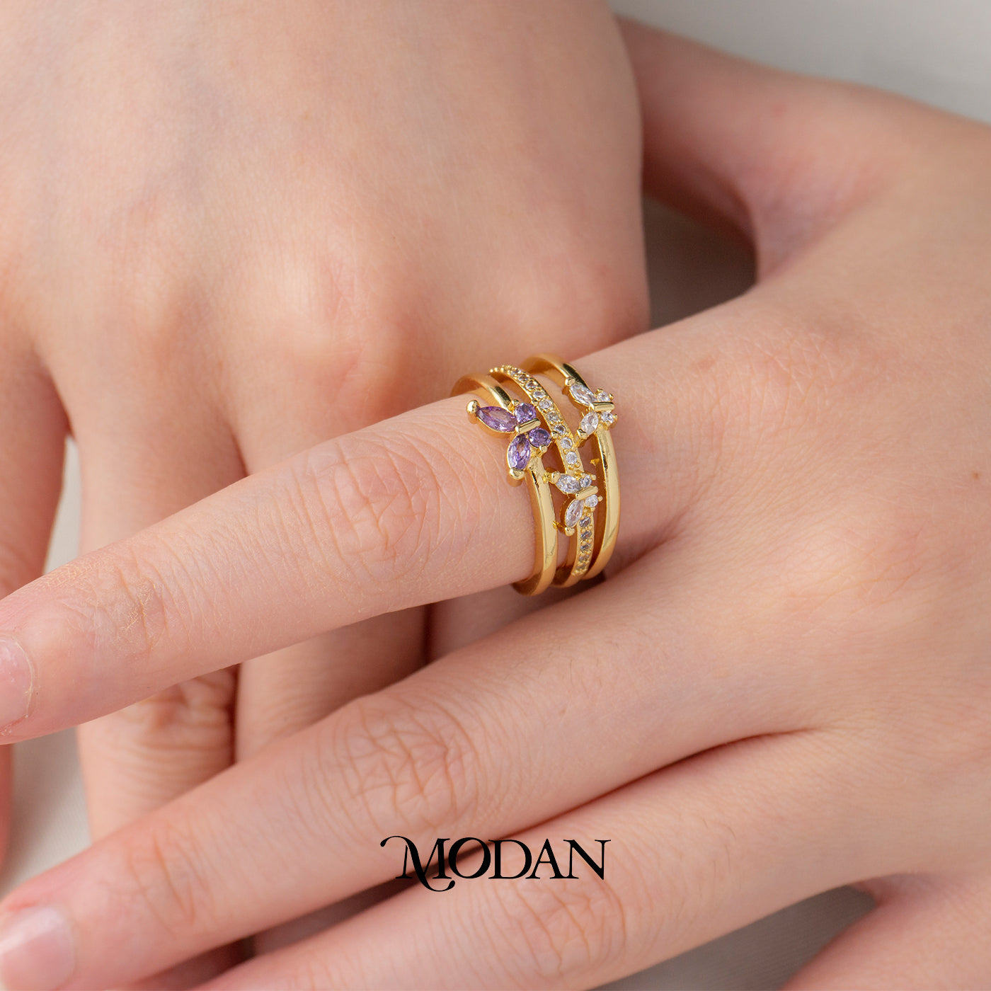 Violet Purple Butterfly Triple Layer Adjustable Ring Cincin Terbuka Kupu-Kupu Ungu Hypoallergenic Gold Plated
