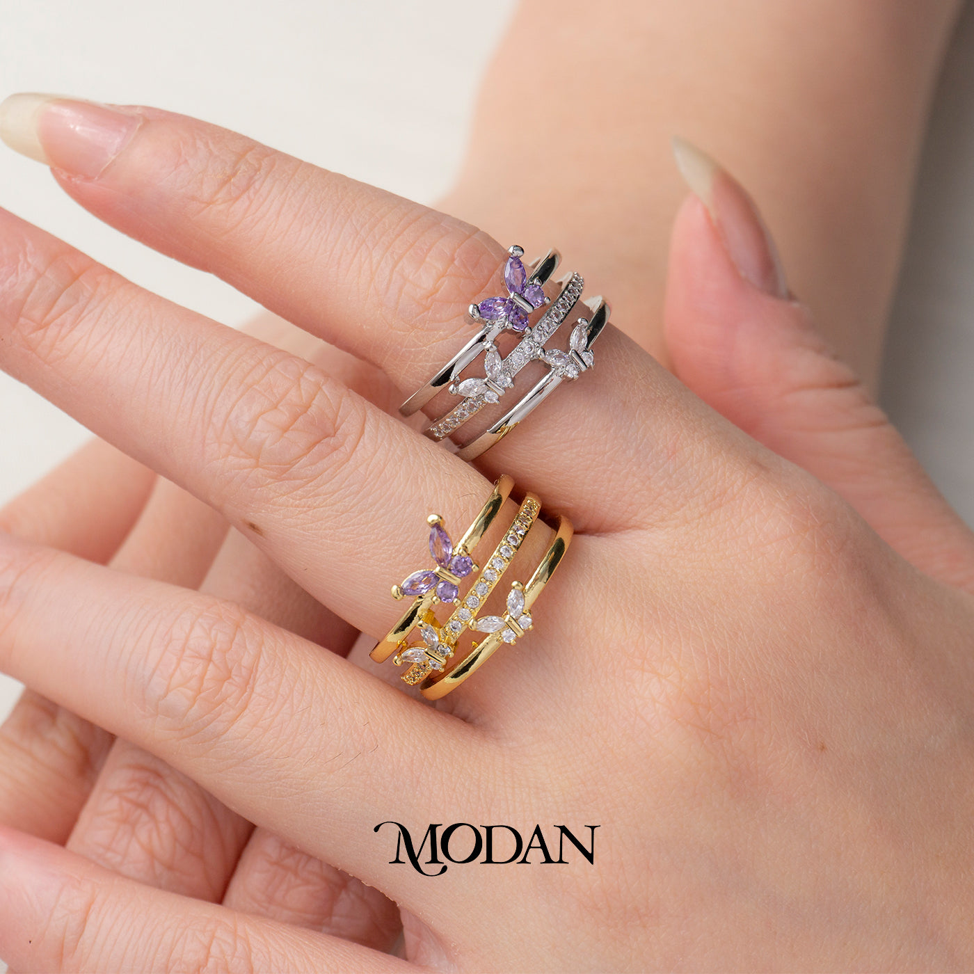 Violet Purple Butterfly Triple Layer Adjustable Ring Cincin Terbuka Kupu-Kupu Ungu Hypoallergenic Gold Plated
