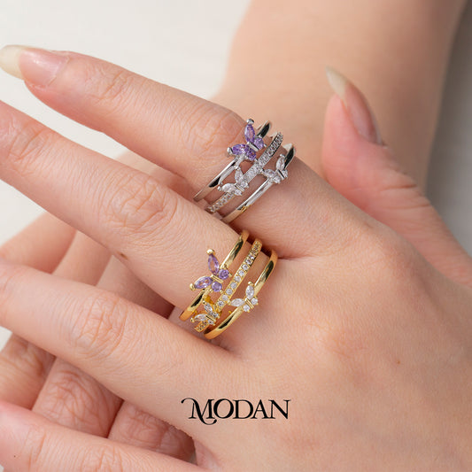 Violet Purple Butterfly Triple Layer Adjustable Ring Cincin Terbuka Kupu-Kupu Ungu Hypoallergenic Gold Plated