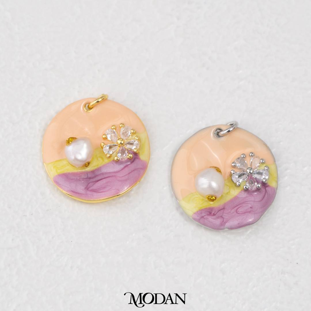 Pink Peach Round Floral Pearl Enamel Charm DIY Pendant Liontin Bunga Mutiara Hypoallergenic Gold Filled