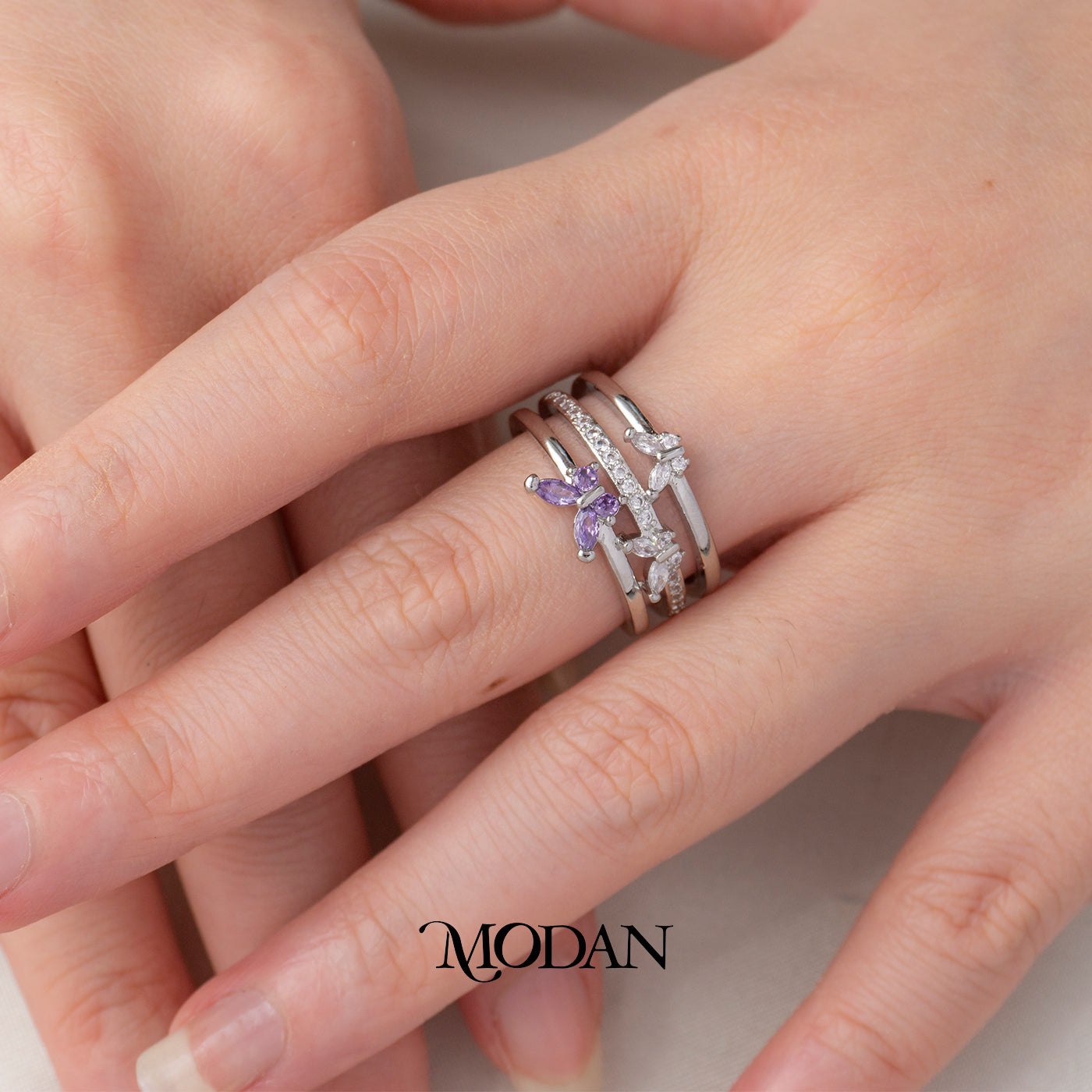 Violet Purple Butterfly Triple Layer Adjustable Ring Cincin Terbuka Kupu-Kupu Ungu Hypoallergenic Gold Plated
