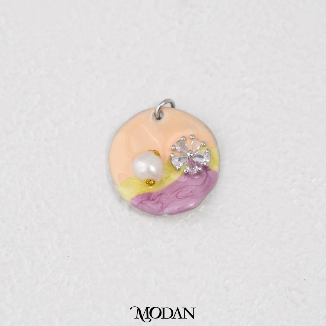 Pink Peach Round Floral Pearl Enamel Charm DIY Pendant Liontin Bunga Mutiara Hypoallergenic Gold Filled