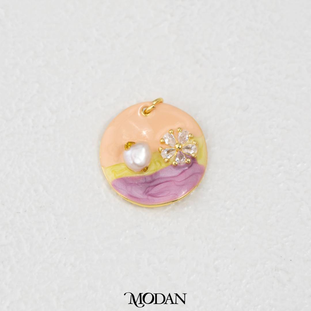 Pink Peach Round Floral Pearl Enamel Charm DIY Pendant Liontin Bunga Mutiara Hypoallergenic Gold Filled