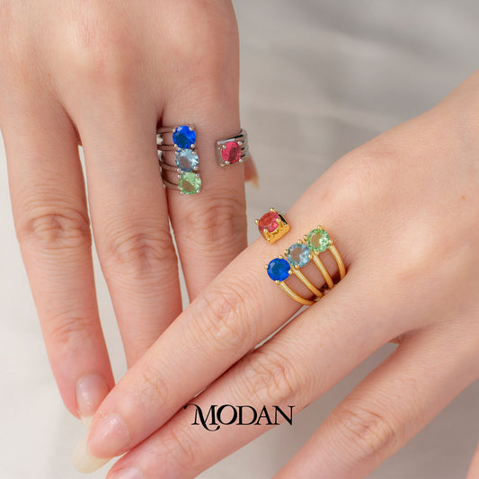 Colorful Four Row Adjustable Band Ring Cincin 4 Baris Warna Warni Hypoallergenic Gold Plated