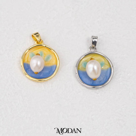 Round Yellow Blue Enamel Pearl DIY Pendant Liontin Bulat Enamel Kuning Biru Mutiara Hypoallergenic Gold Filled