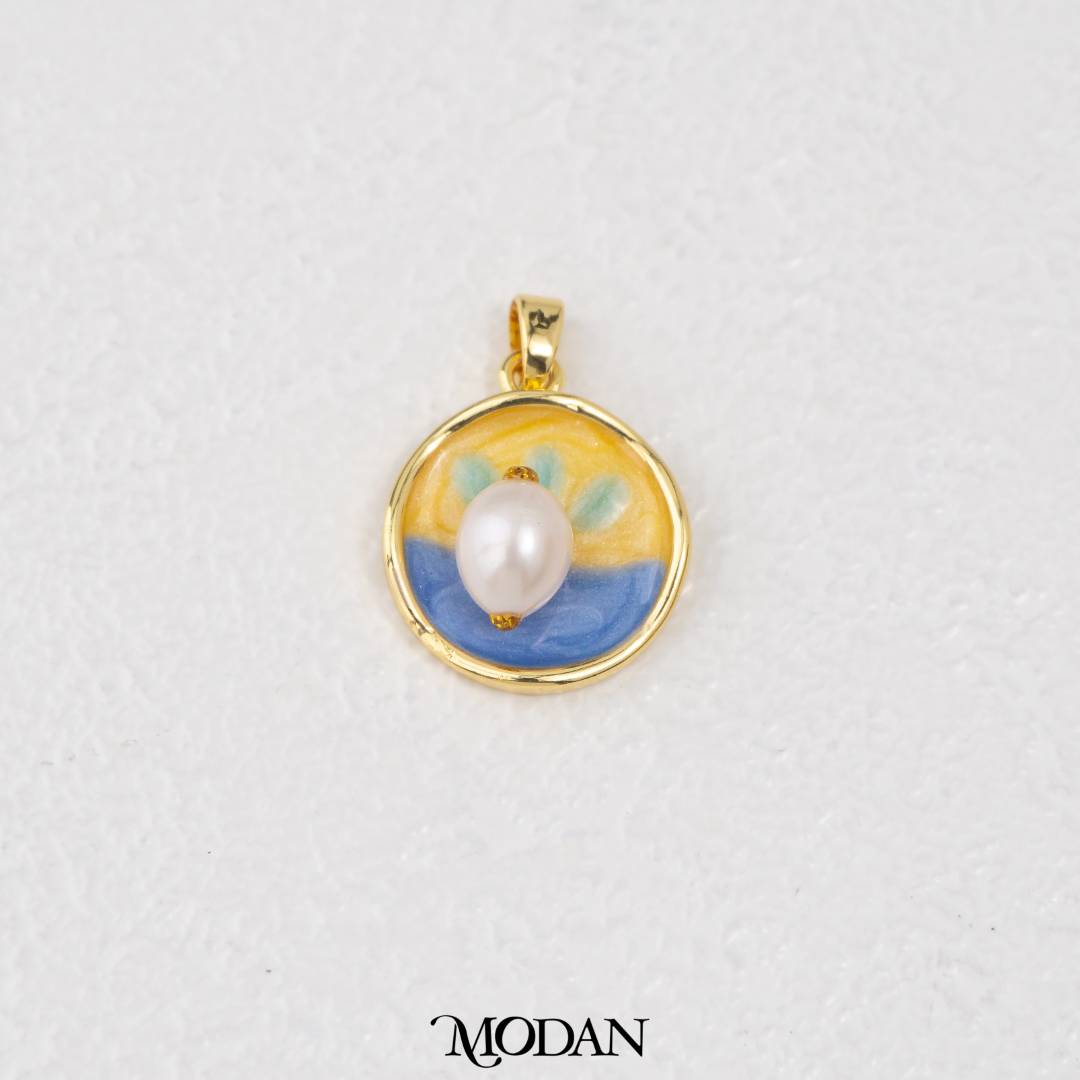 Round Yellow Blue Enamel Pearl DIY Pendant Liontin Bulat Enamel Kuning Biru Mutiara Hypoallergenic Gold Filled