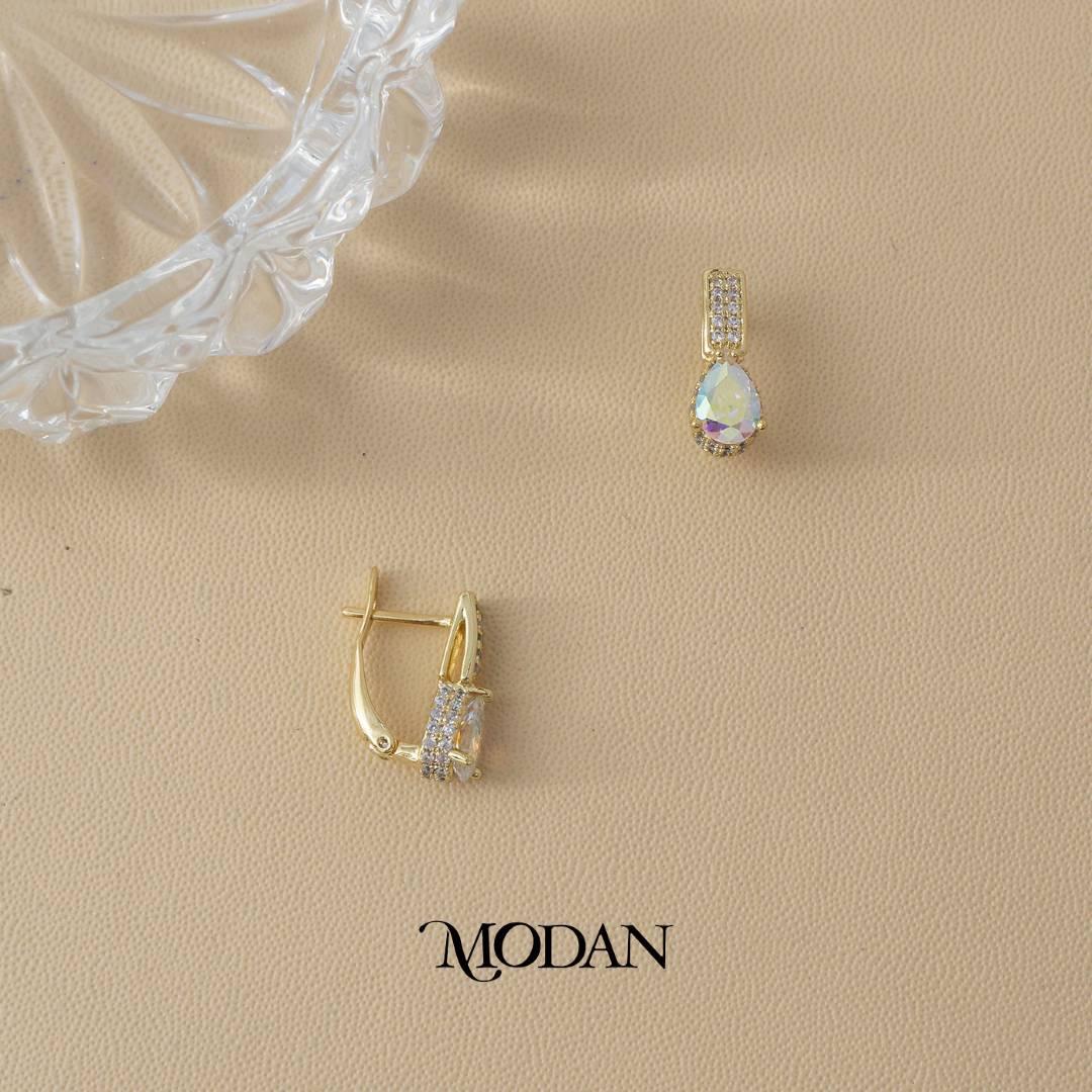 (15mm) Sparkling Aurora Teardrop Hoop Earrings Anting Tetes Air Mata Hypoallergenic Gold Plated