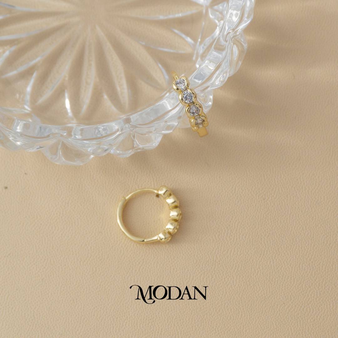 (15mm) Simple Round Beaded Zirconia Hoop Earrings Anting Bulat Hypoallergenic Gold Plated