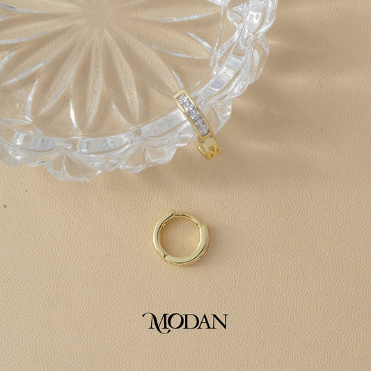 (12mm) Simple Baguette Zirconia Hoop Earrings Anting Bulat Hypoallergenic Gold Plated