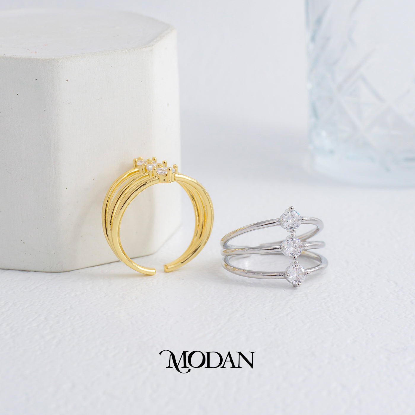 Triple Clear Solitaire Ring Cincin 3 Baris Permata Hypoallergenic Gold Plated