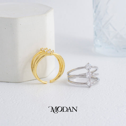 Triple Clear Solitaire Ring Cincin 3 Baris Permata Hypoallergenic Gold Plated