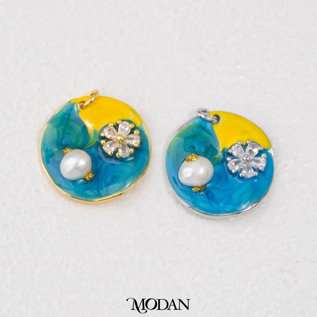 Blue Yellow Gradient Round Floral Pearl Enamel Charm DIY Pendant Liontin Bunga Mutiara Enamel Biru Bulat Hypoallergenic Gold Filled