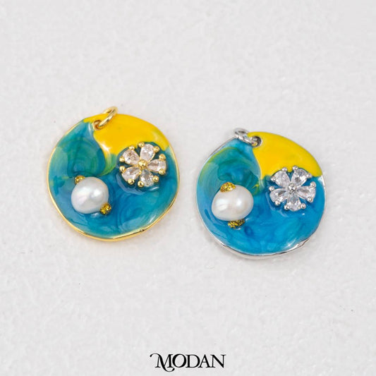 Blue Yellow Gradient Round Floral Pearl Enamel Charm DIY Pendant Liontin Bunga Mutiara Enamel Biru Bulat Hypoallergenic Gold Filled