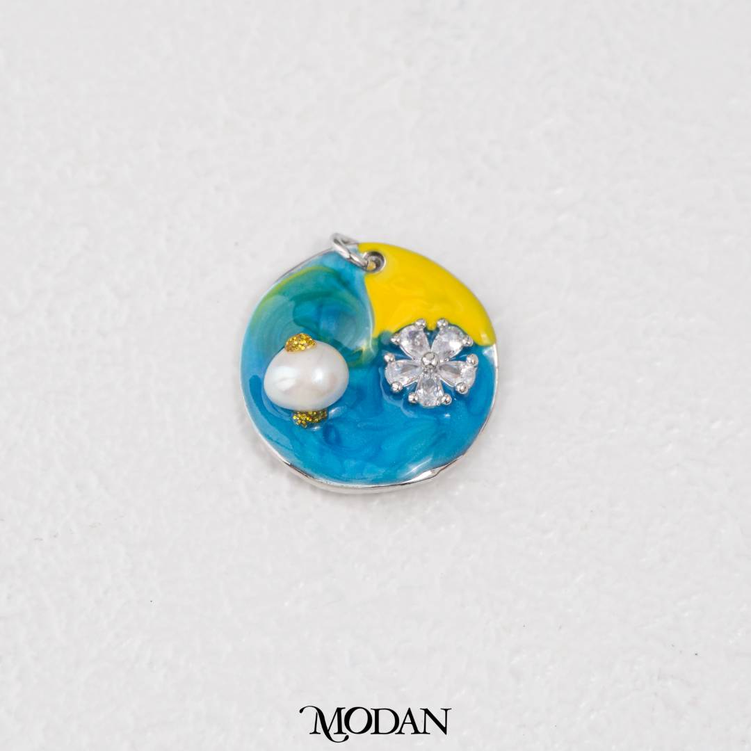 Blue Yellow Gradient Round Floral Pearl Enamel Charm DIY Pendant Liontin Bunga Mutiara Enamel Biru Bulat Hypoallergenic Gold Filled