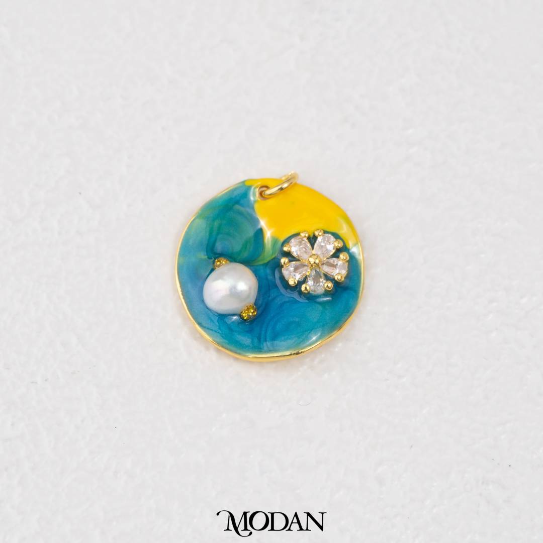 Blue Yellow Gradient Round Floral Pearl Enamel Charm DIY Pendant Liontin Bunga Mutiara Enamel Biru Bulat Hypoallergenic Gold Filled