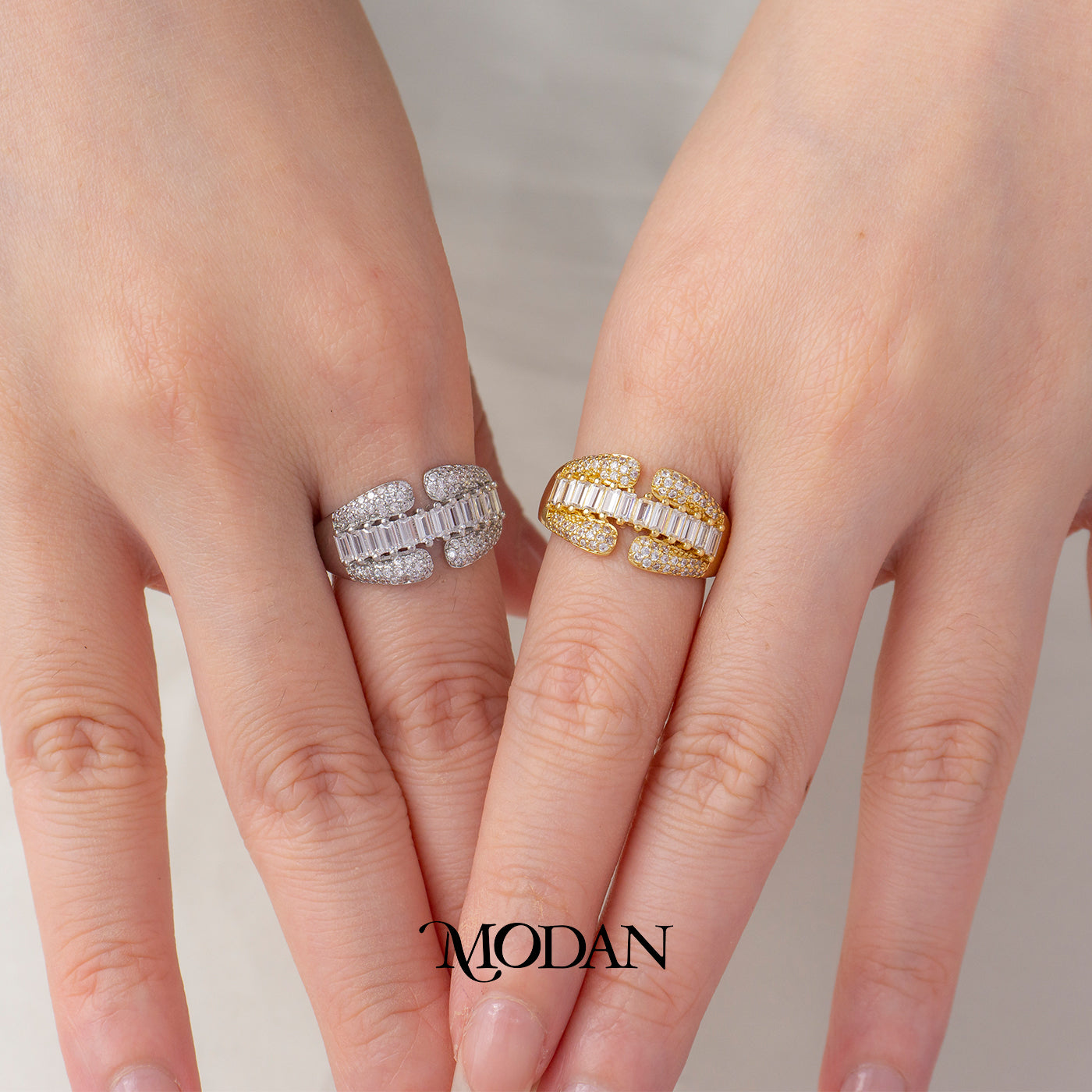 Baguette Micro Paved Claw Statement Ring Cincin Streetwear Hypoallergenic Gold Plated