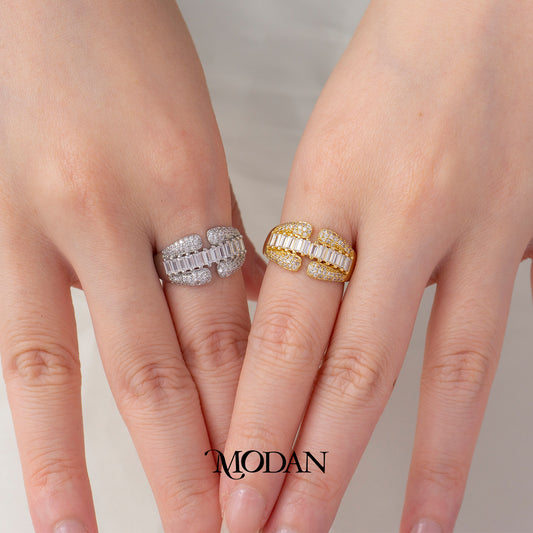 Baguette Micro Paved Claw Statement Ring Cincin Streetwear Hypoallergenic Gold Plated