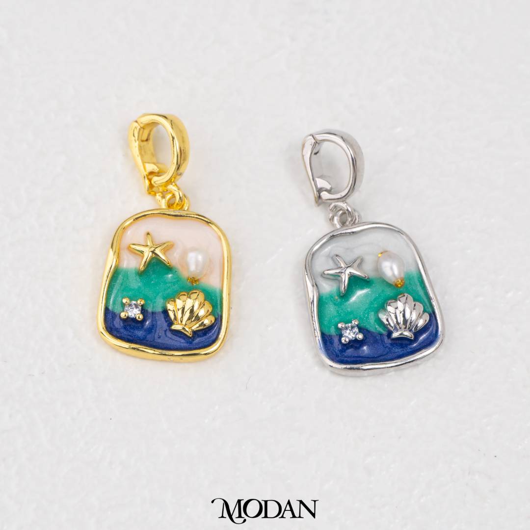 Ocean Pearl White Tosca Blue Enamel DIY Pendant Liontin Laut Enamel Mutiara Hypoallergenic Gold Filled