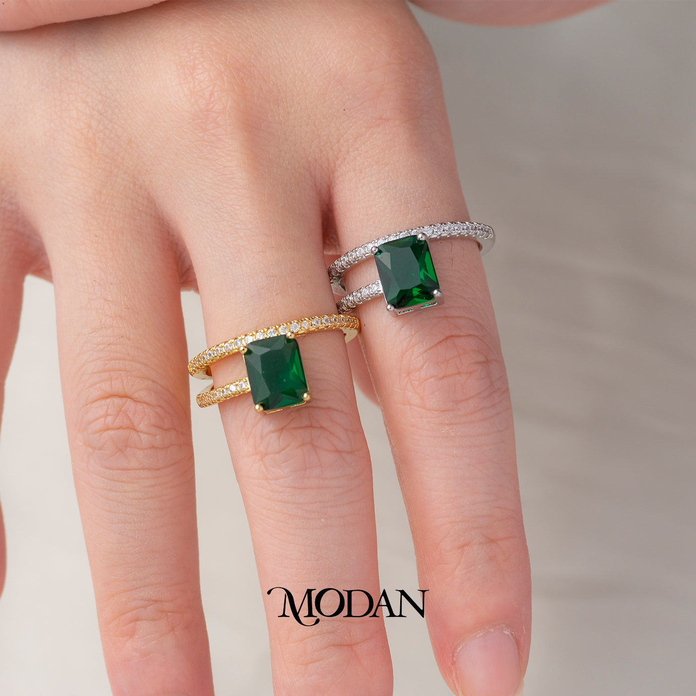 Emerald Green Double Row Square Ring Cincin Hijau Dua Baris Hypoallergenic Gold Plated