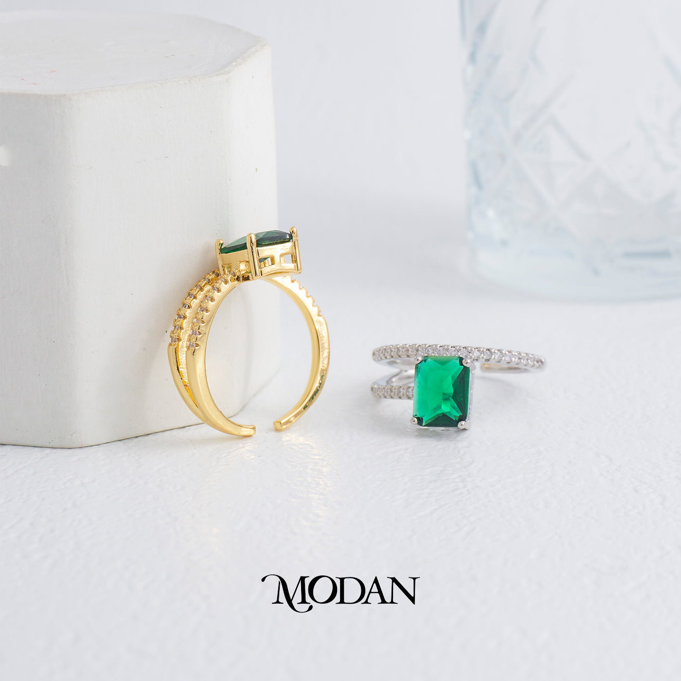 Emerald Green Double Row Square Ring Cincin Hijau Dua Baris Hypoallergenic Gold Plated