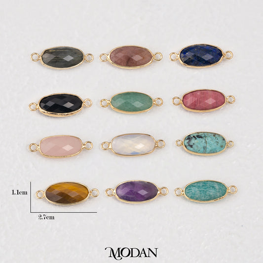 Natural Gemstones Boho Style Oval DIY Connector Liontin Konektor Oval Amazonite Pink Quartz Tiger Eye Hypoallergenic Gold Filled