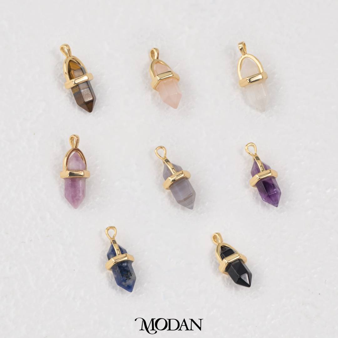 Natural Gemstones Hexagonal Pointed DIY Pendant Liontin Batuan Alam Moonstone Amethyst Tiger Eye Blue Lapiz Hypoallergenic Gold Filled