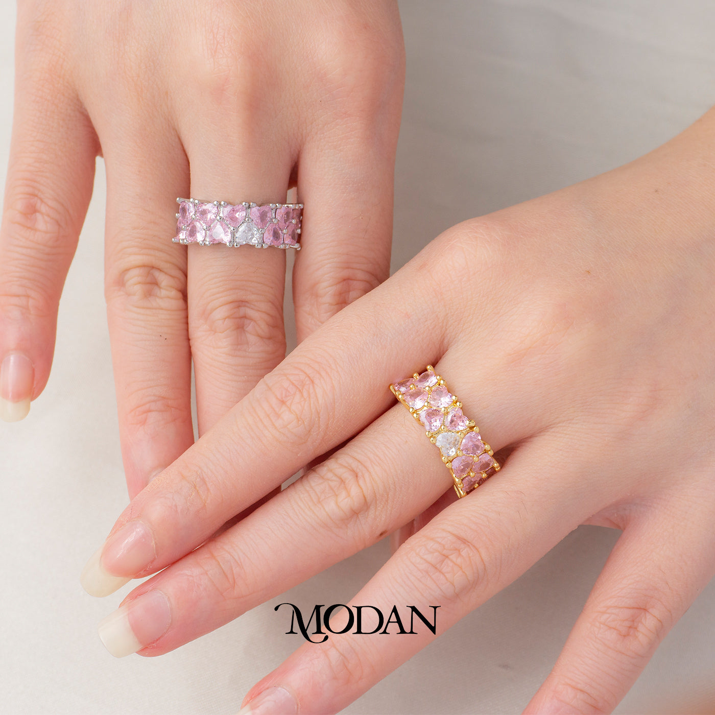 Pink Heart Eternity Band Ring Cincin Permata Hati Merah Muda Romantis Hypoallergenic Gold Plated