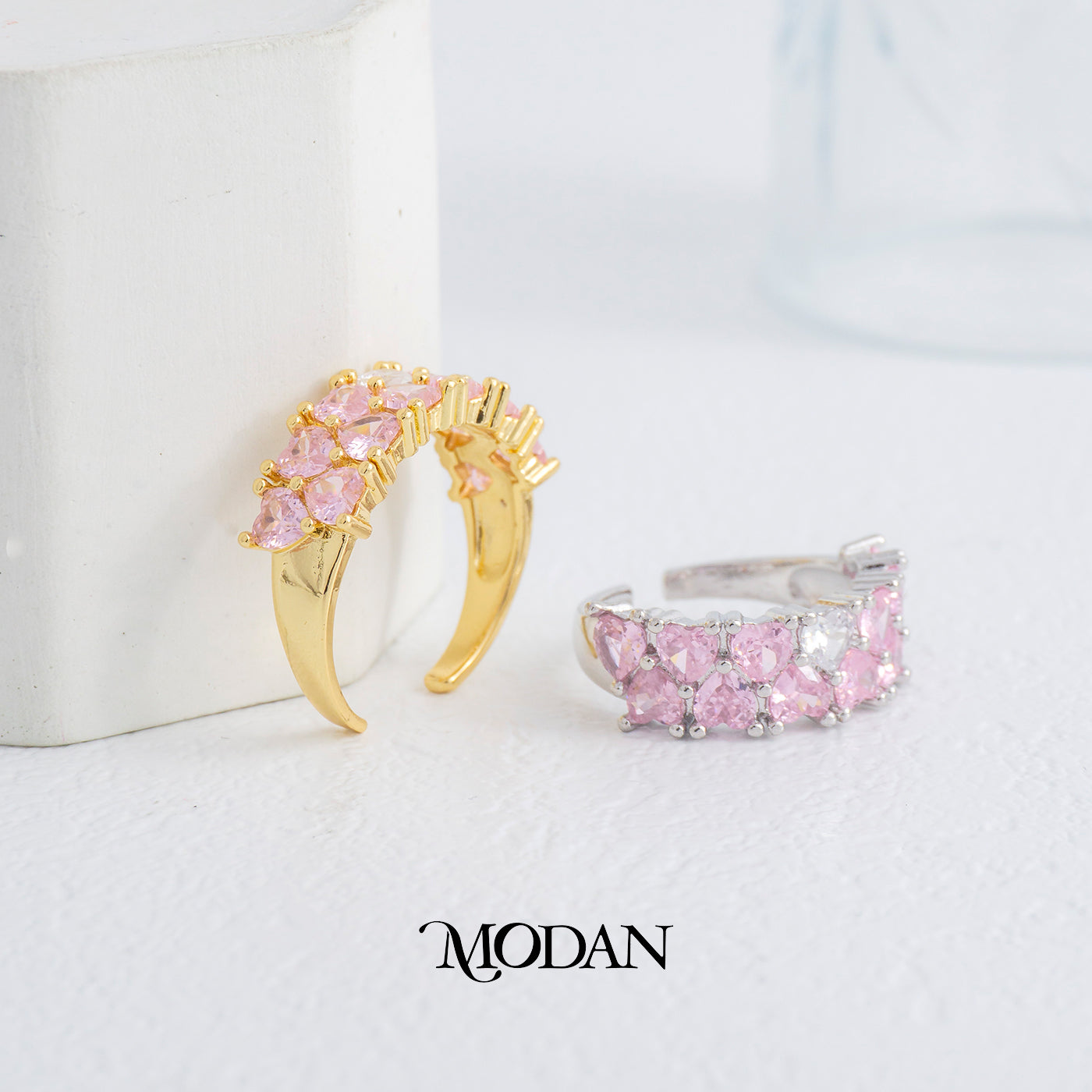 Pink Heart Eternity Band Ring Cincin Permata Hati Merah Muda Romantis Hypoallergenic Gold Plated