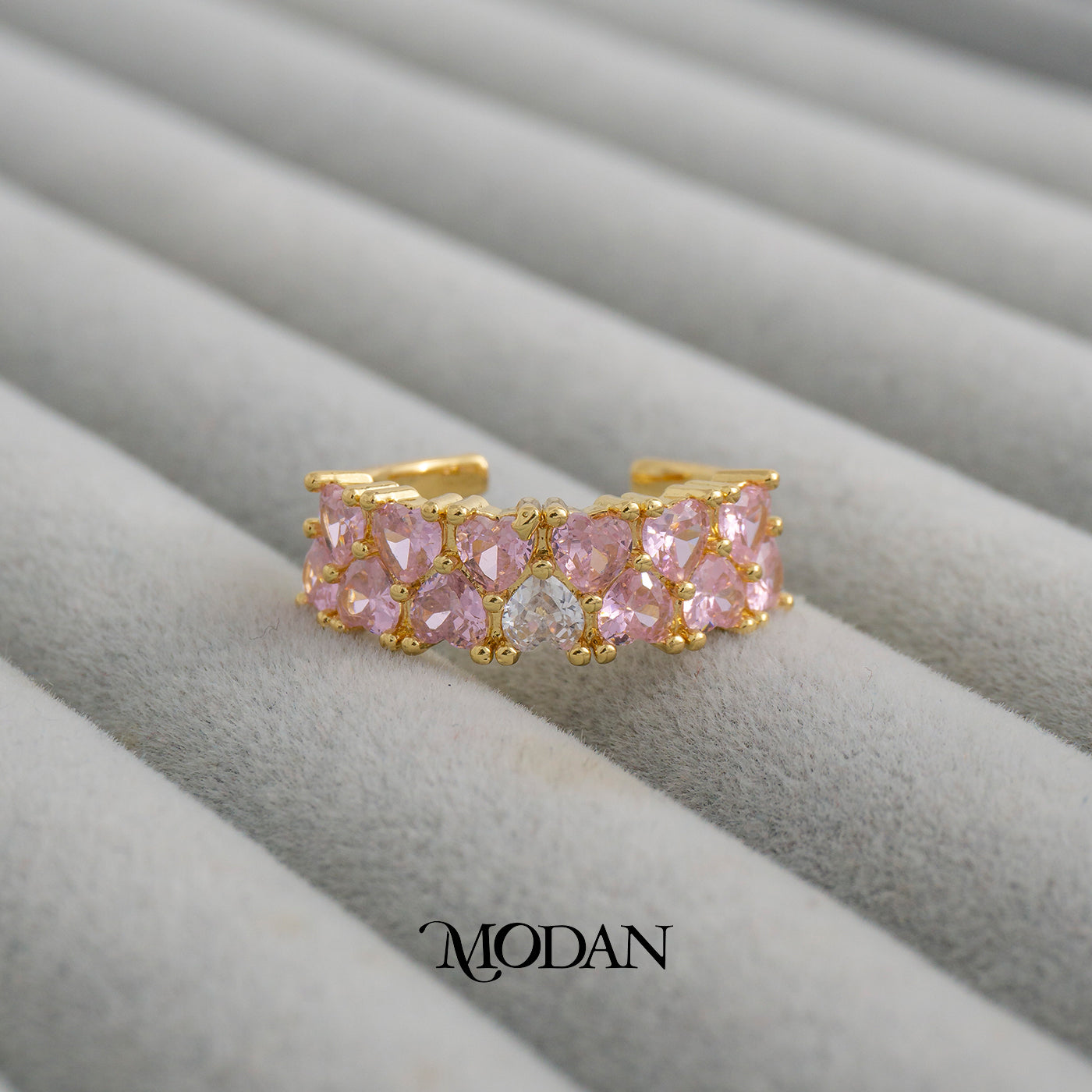 Pink Heart Eternity Band Ring Cincin Permata Hati Merah Muda Romantis Hypoallergenic Gold Plated
