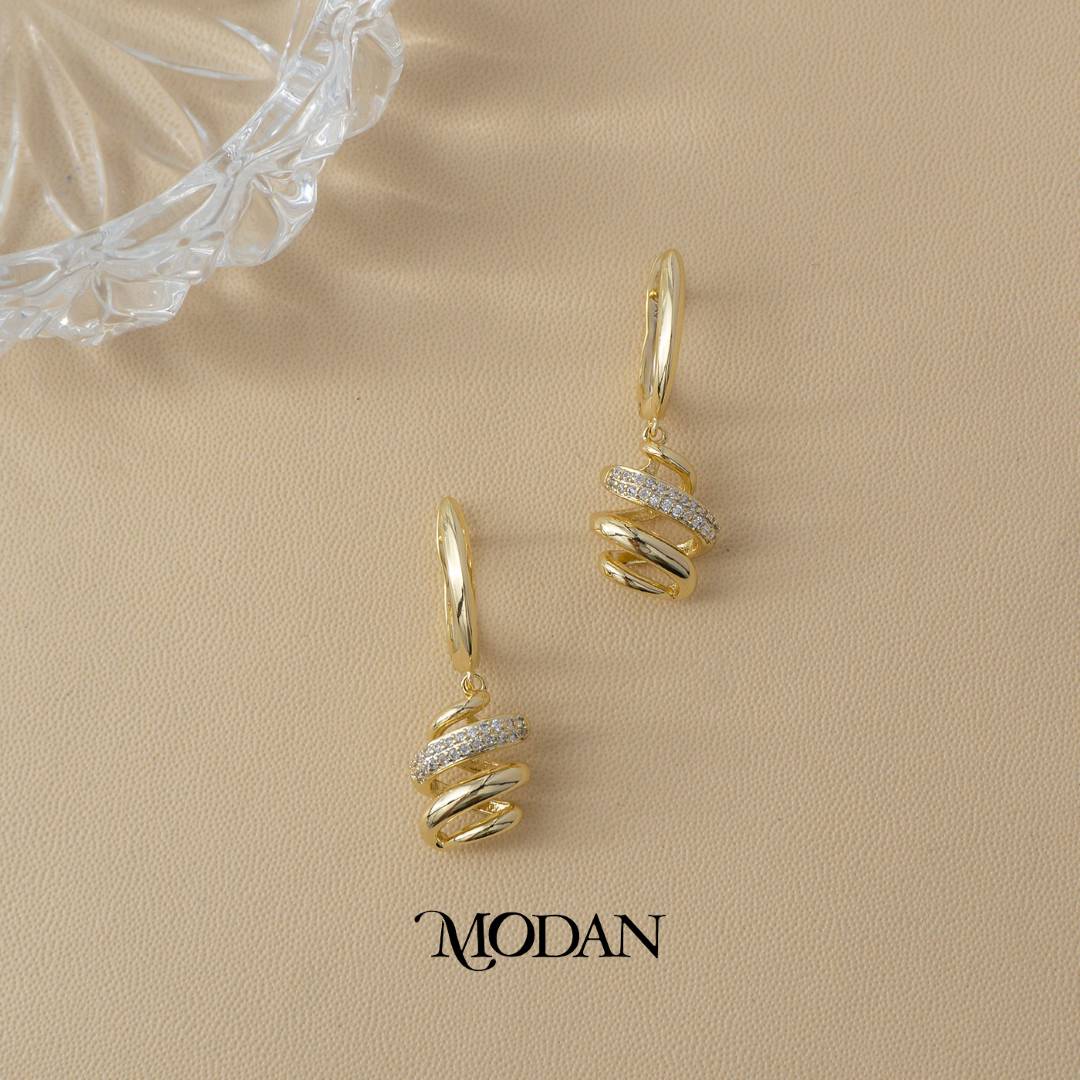(32mm) Spiral Dangle Hoops Earrings Anting Gantung Simple Hypoallergenic Gold Filled