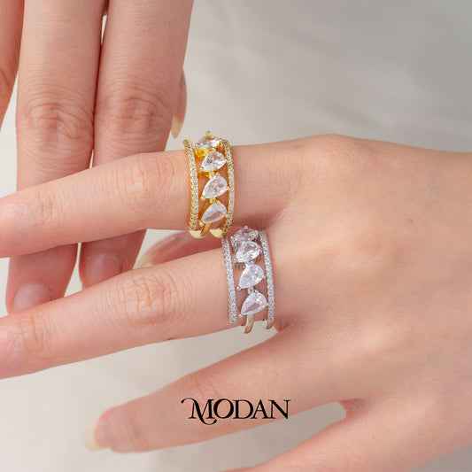 Pear Cut Wide Triple Band Ring Cincin Model Lebar 3 Layer Tetes Air Hypoallergenic Gold Plated