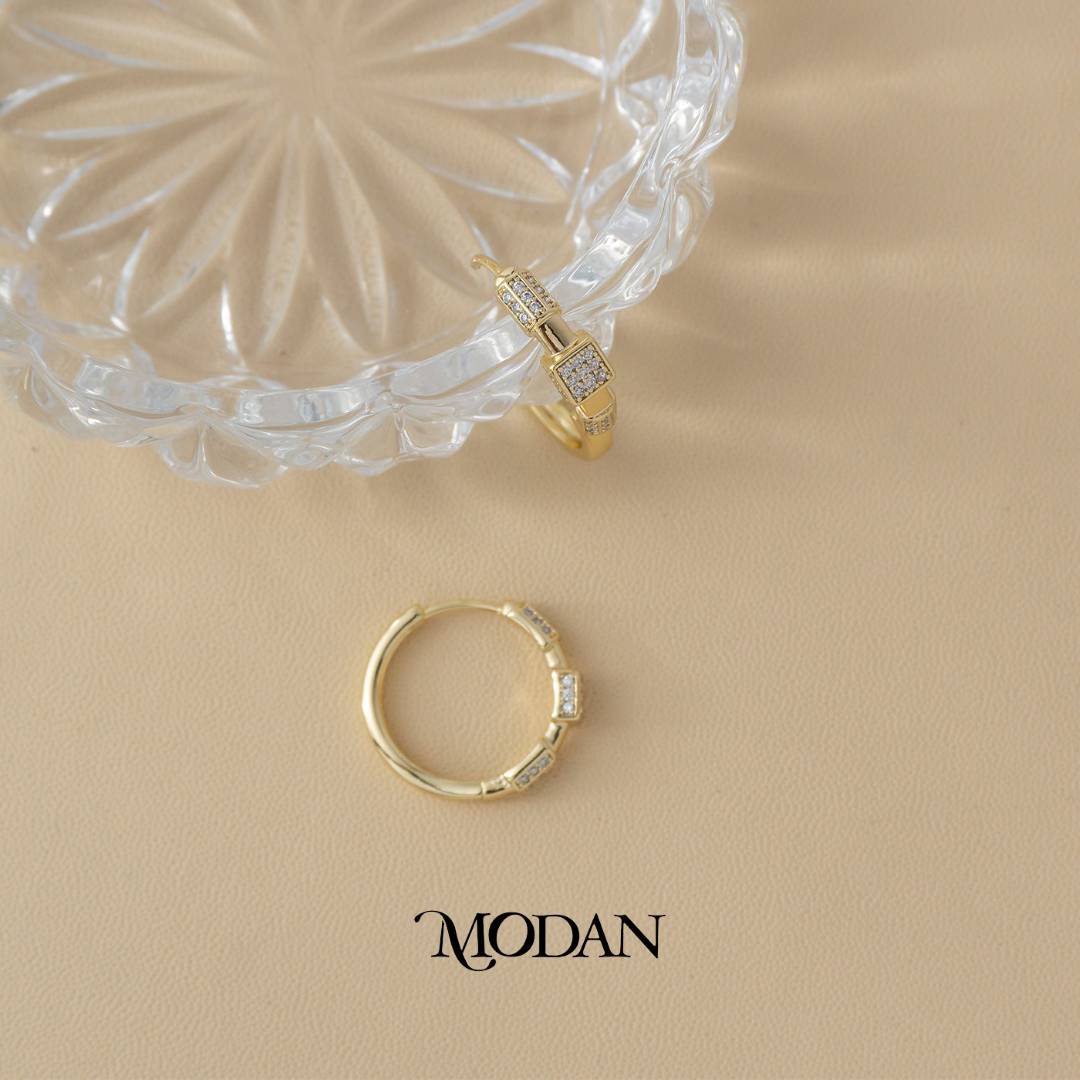 (20mm) Sparkling Square Geometric Hoop Earrings Anting Bulat Hypoallergenic Gold Plated