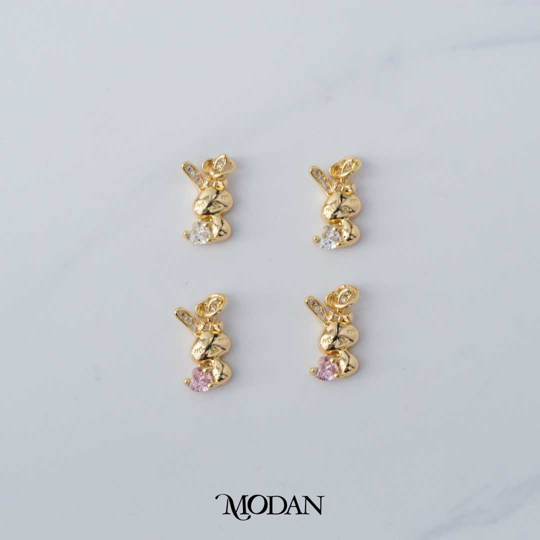 Tiny Cute Bunny Clear / Pink Cubic Zirconia DIY Charm Liontin Kelinci Kecil Lucu Berlian Merah Muda / Bening Hypoallergenic Gold Filled