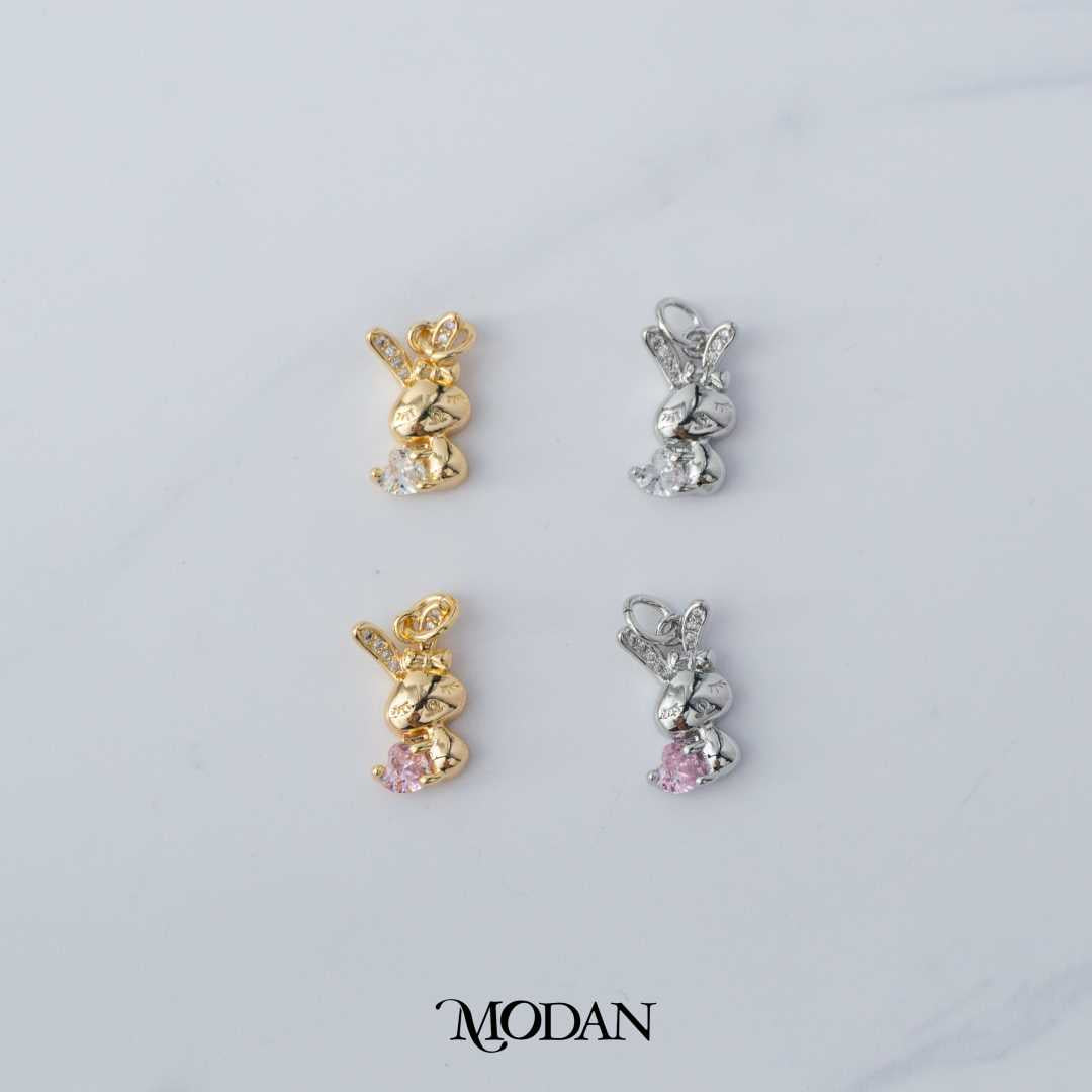 Tiny Cute Bunny Clear / Pink Cubic Zirconia DIY Charm Liontin Kelinci Kecil Lucu Berlian Merah Muda / Bening Hypoallergenic Gold Filled