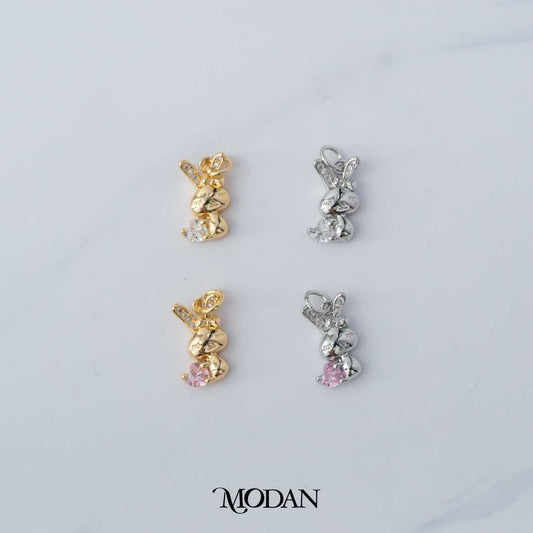 Tiny Cute Bunny Clear / Pink Cubic Zirconia DIY Charm Liontin Kelinci Kecil Lucu Berlian Merah Muda / Bening Hypoallergenic Gold Filled