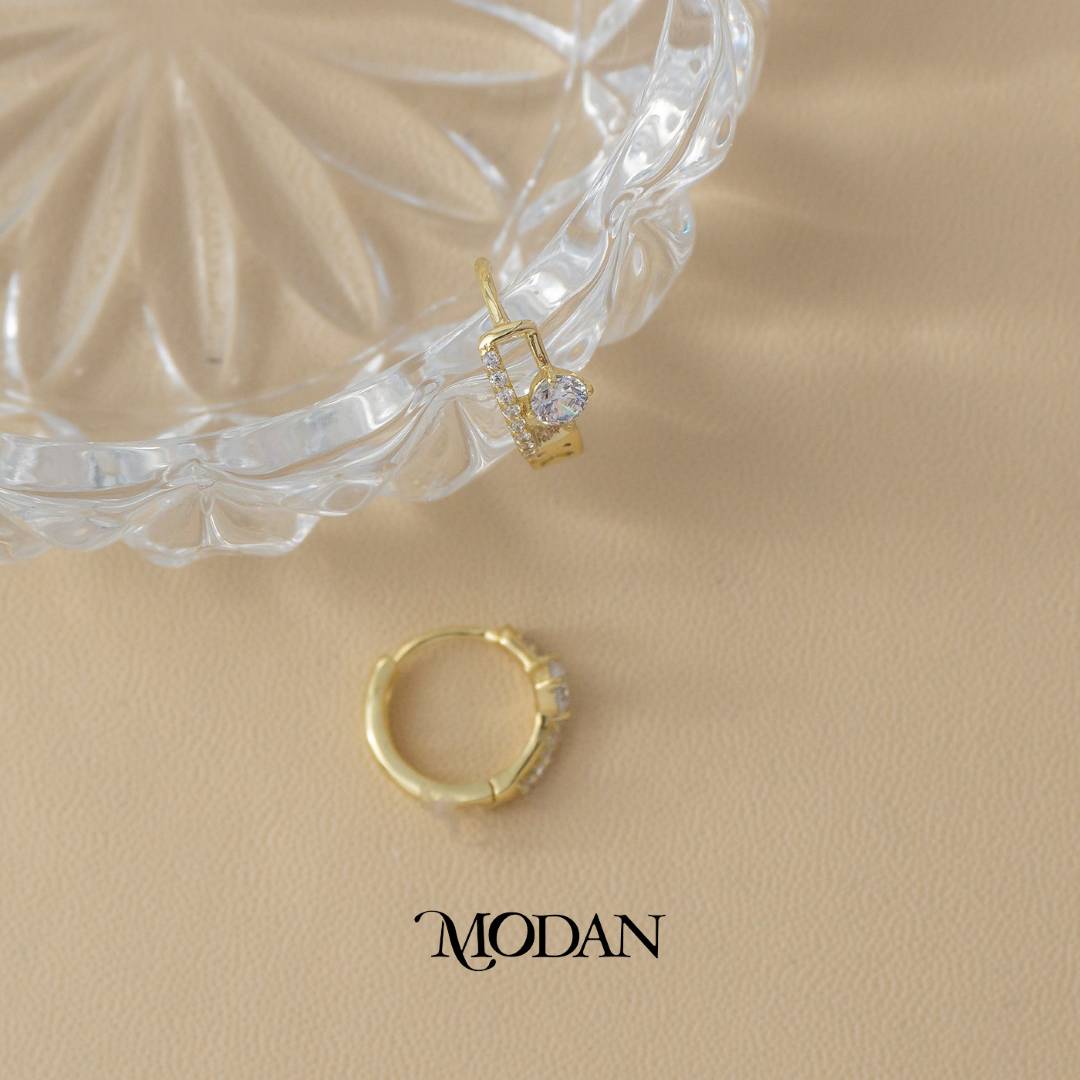 (14mm) Sparkling Double Layer Hoop Earrings Anting Bulat Hypoallergenic Gold Plated