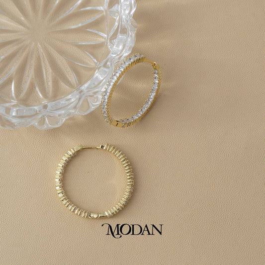 (30mm) Sparkling Zirconia Round Statement Hoop Earrings Anting Bulat Hypoallergenic Gold Plated