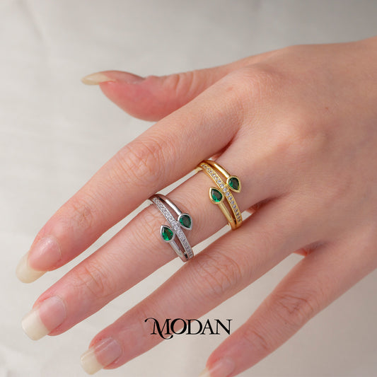 Emerald Green Bypass Teardrop Ring Cincin Lilit Terbuka Hijau Hypoallergenic Gold Plated