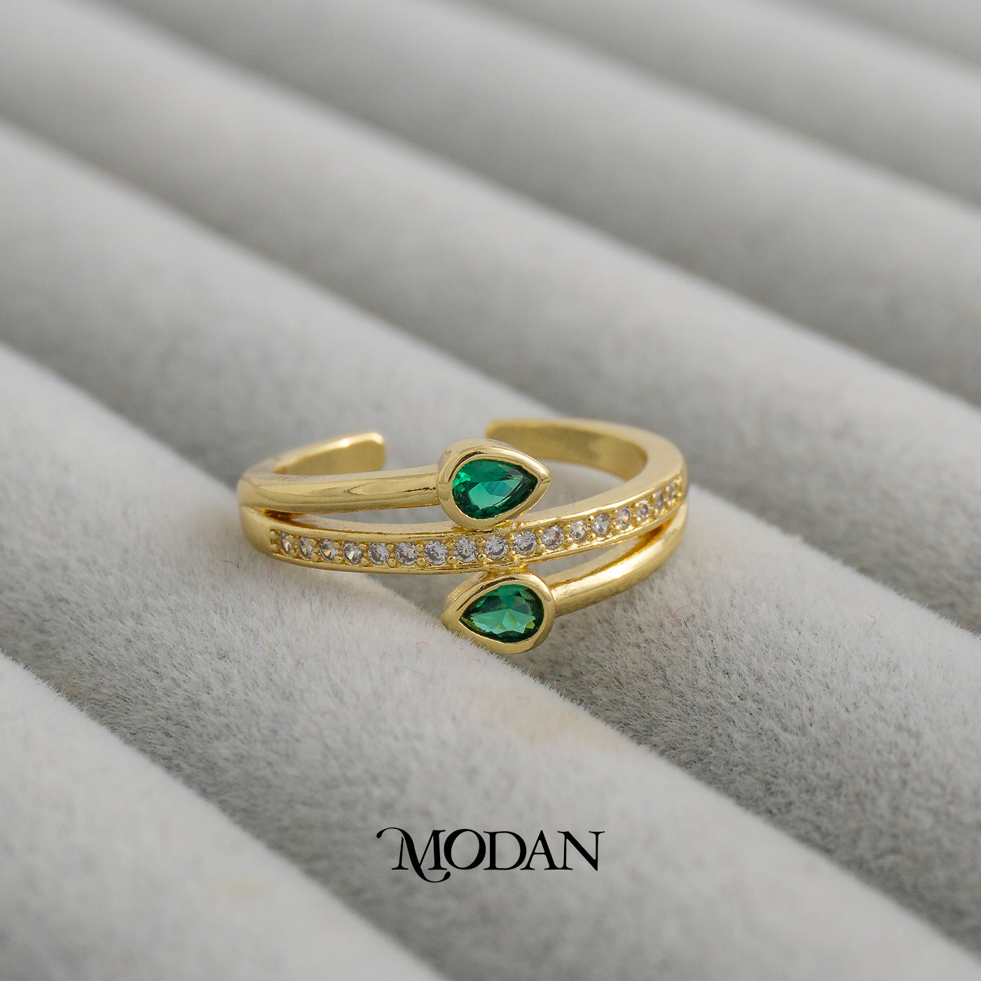 Emerald Green Bypass Teardrop Ring Cincin Lilit Terbuka Hijau Hypoallergenic Gold Plated
