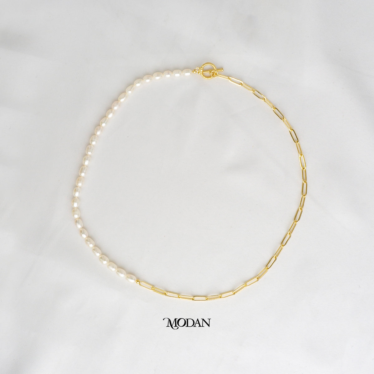 47.5cm Round Toggle White Freshwater Beaded Paperclip Necklace Kalung Mutiara Air Tawar Hypoallergenic Gold Plated