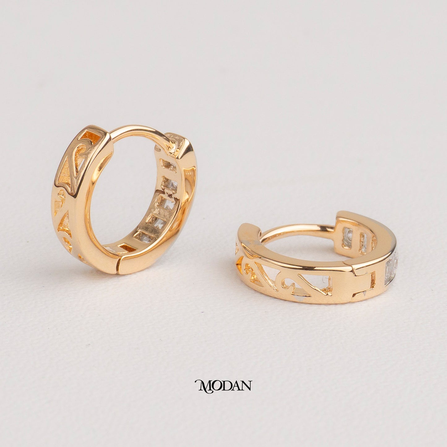 (13mm) Princess Cut Zirconia Hoop Earrings Anting Bulat Hypoallergenic Gold Plated