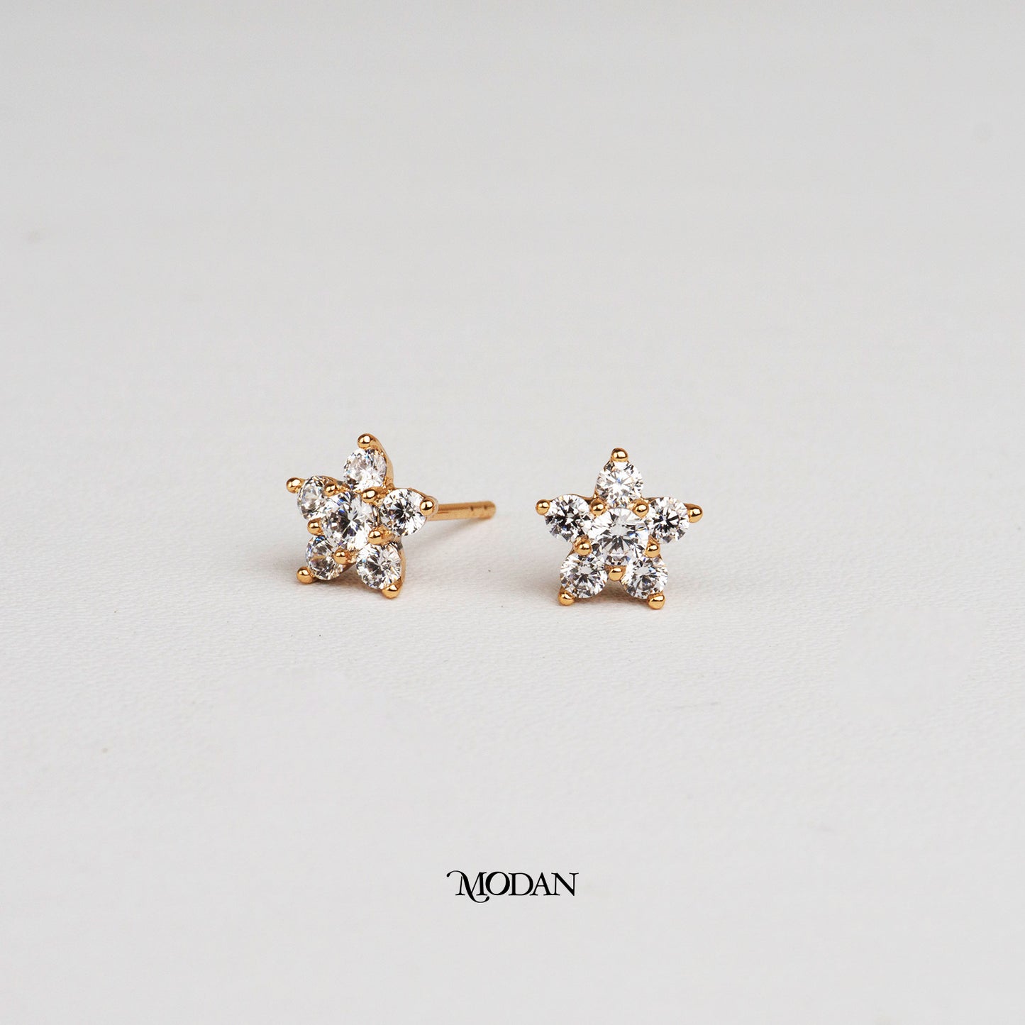 (8mm) Sparkling Mini Micro Paved Zirconia Five Petals Star Stud Earrings Anting Tusuk Bintang Kecil Hypoallergenic Gold Plated