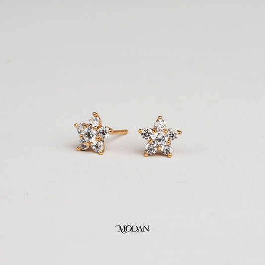 (8mm) Sparkling Mini Micro Paved Zirconia Five Petals Star Stud Earrings Anting Tusuk Bintang Kecil Hypoallergenic Gold Plated